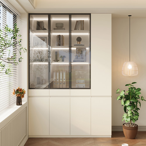 国补实木书柜一体整墙客厅靠墙带玻璃防尘置物柜展示柜储物柜书架