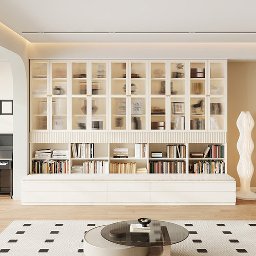 国补定制实木去客厅化卡座书柜一体整墙奶油风书架玻璃门展示柜子