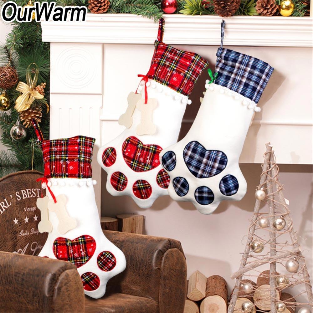 ourwarm plaid christmas paw stocking for pet dog cat chirstm