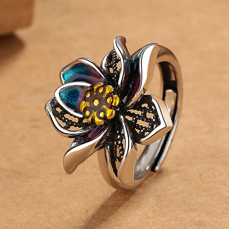 复古民族风景泰蓝珐琅莲花戒指女个性简约时尚做旧开口可调节指环