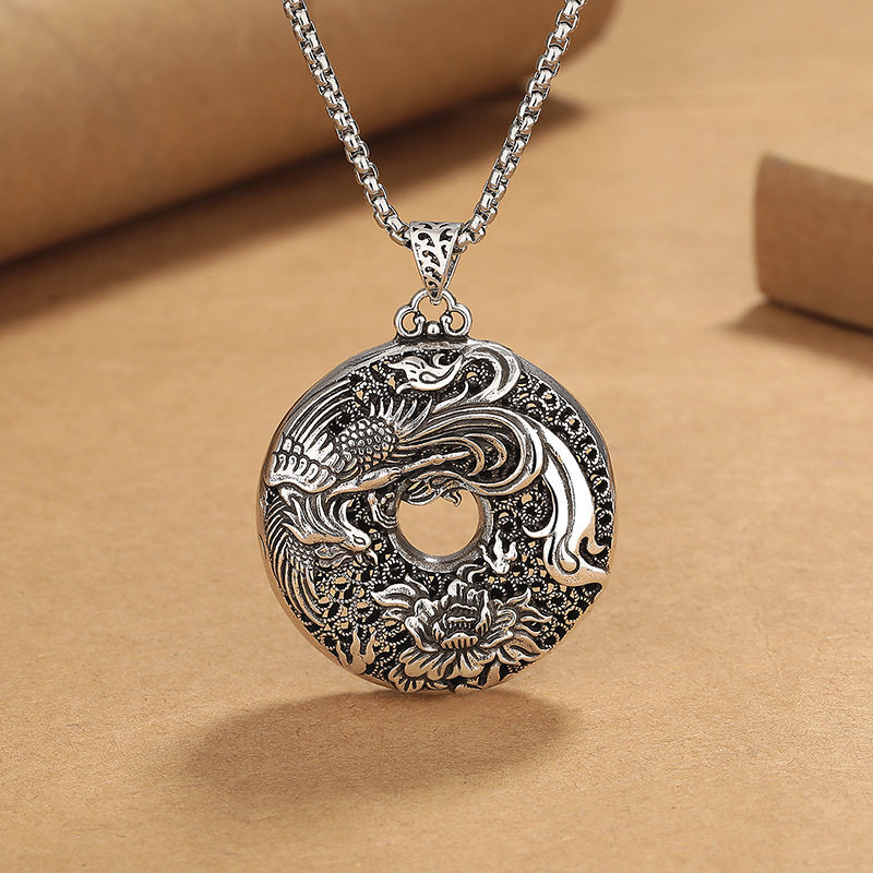 复古民族风龙凤平安扣项链男国潮做旧染黑工艺镂空小众设计感饰品