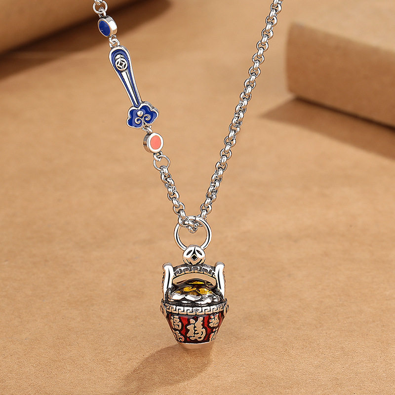 一桶金福字项链女复古个性红色喜庆做旧滴胶工艺小众设计创意饰品