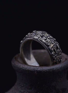 神兽饕餮开口复古银戒指S925指环