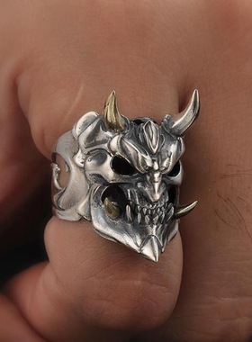 复古般若面具鬼王骷髅戒指原创设计男士个性镂空开口可调节食指环