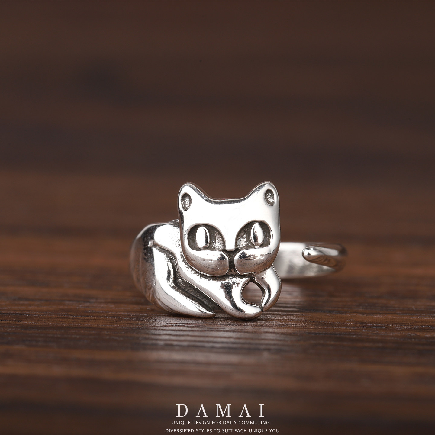 DAMAI 复古可爱小猫咪戒指女生高级感个性时尚狸猫开口可调节指环