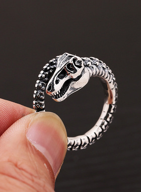 DAMAI 小众设计恐龙化石戒指朋克恐龙骨指环男士复古个性开口戒子