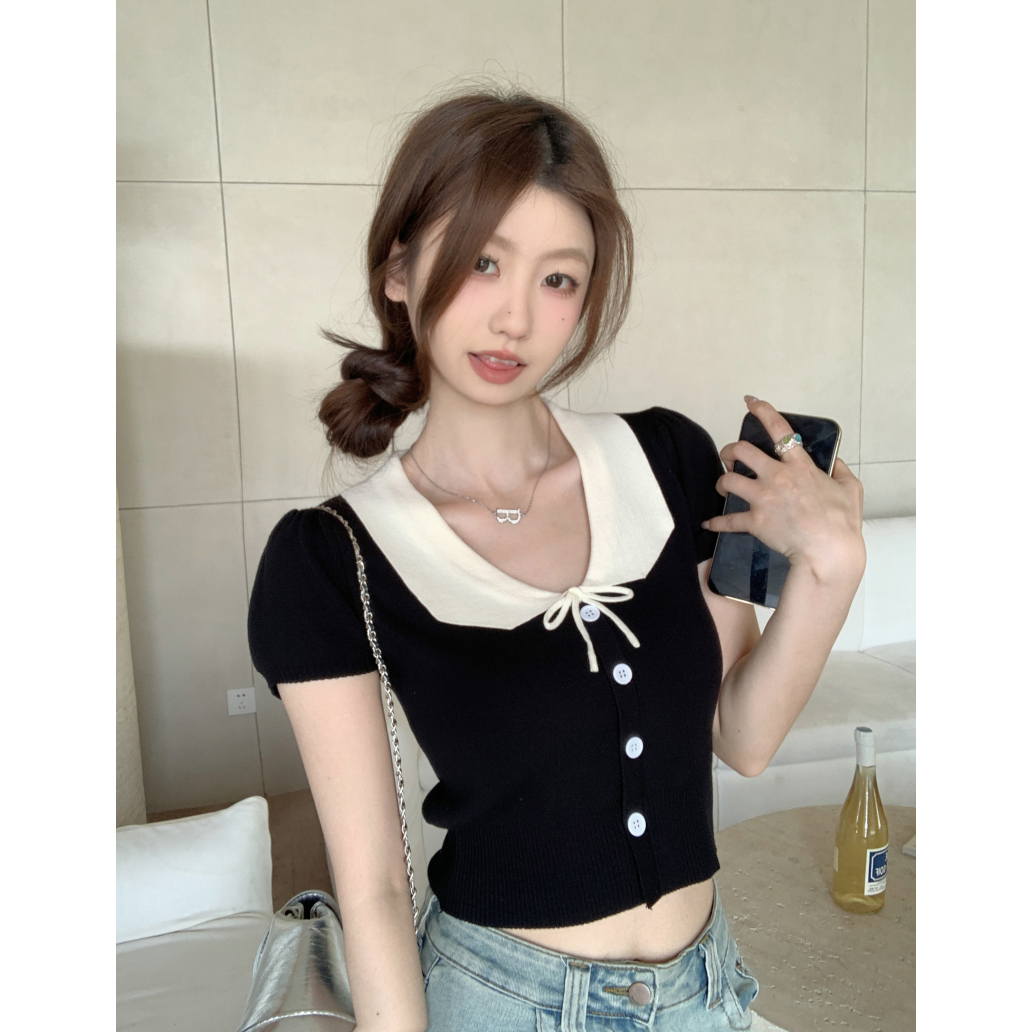 Polo领小香短款短袖T恤女夏卡腰法式甜辣妹针织上衣黄黑皮的穿搭