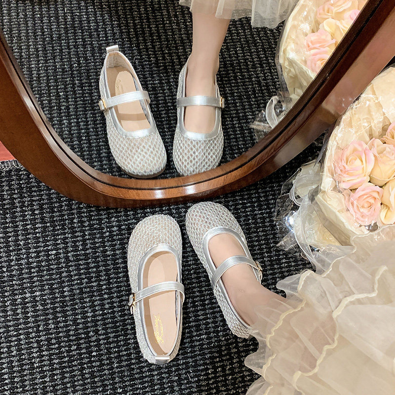渔网编织浅口单鞋女夏软底镂空透气豆豆鞋配裙子一字扣玛丽珍凉鞋