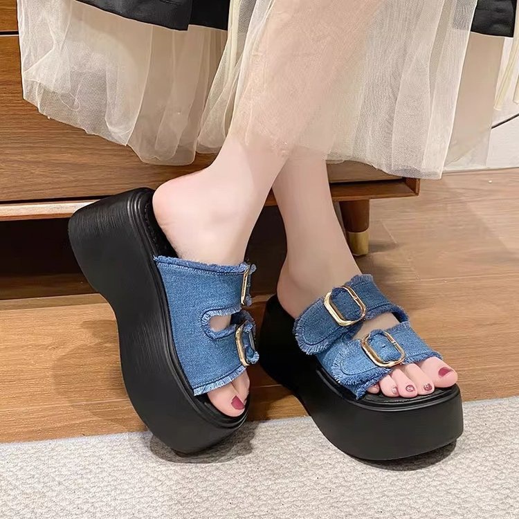 2025夏新款7cm内增高拖鞋厚底高跟牛仔布外穿一字拖百搭休闲拖鞋