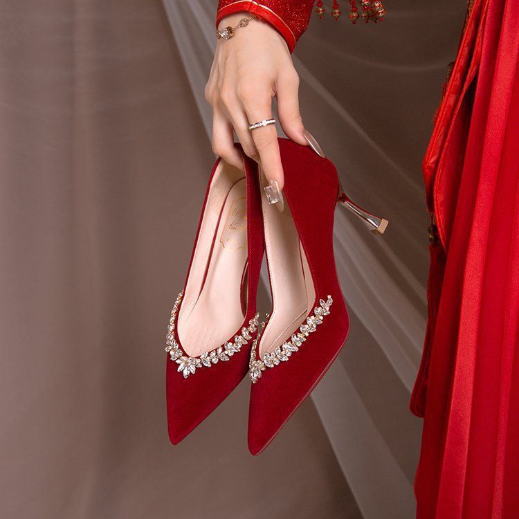 红色高跟鞋胖脚新娘鞋高级感不累脚小码秀禾敬酒服大码婚鞋大码