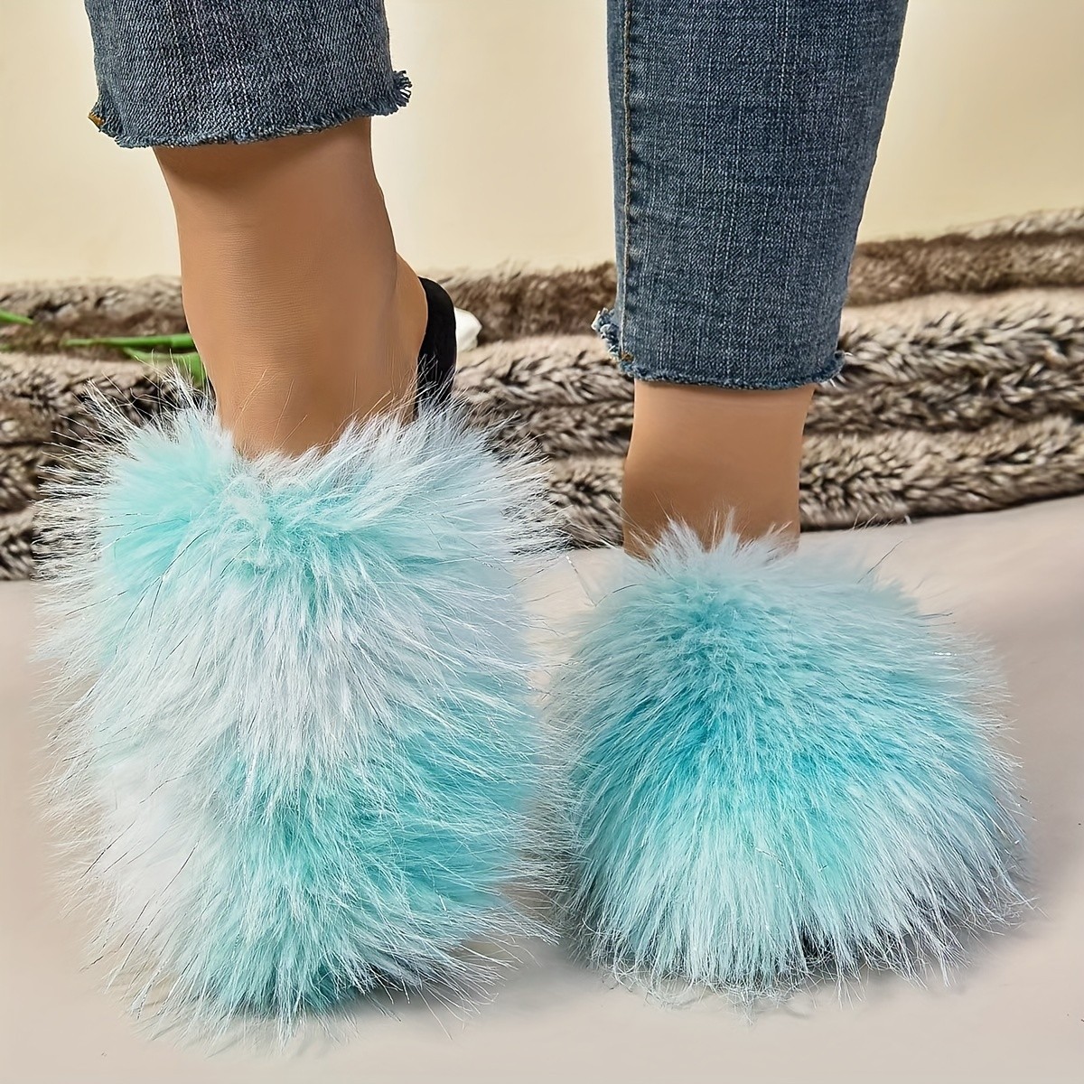 毛毛拖鞋女外穿外贸2025年欧美秋季新款平底舒适室内居家拖鞋女