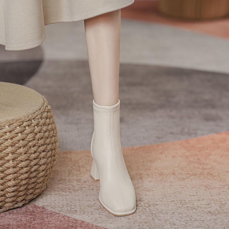 白色高跟马丁靴女2025冬季新款复古英伦风方头粗跟瘦瘦法式小短靴