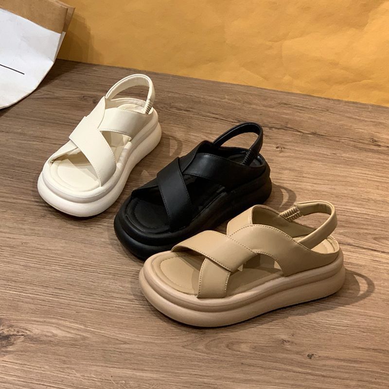 松糕底罗马凉鞋女2025夏新款网红一脚蹬交叉绑带休闲轻便沙滩凉鞋