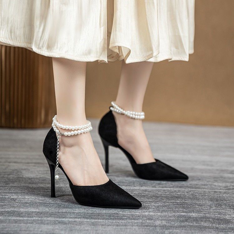 高跟鞋细跟黑色绝美成年礼珍珠绑带设计性感2025女新款小众法式凉