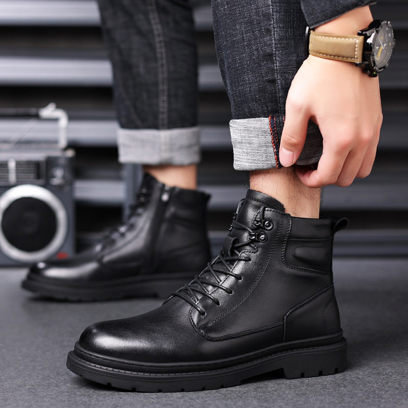新款秋冬真皮马丁靴男款头层牛皮英伦加绒保暖侧拉链高帮男靴代发