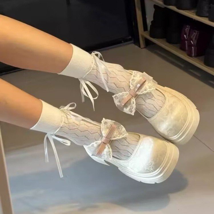 新中式白色厚底玛丽珍鞋女2025新款春秋季蝴蝶结小皮鞋配裙子