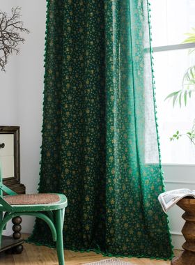 窗帘绿色圣诞烫金风铃厨房帘半遮光飘窗阳台设计挂钩式窗饰布帘