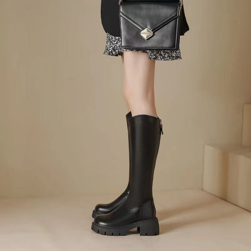 大筒围棕色骑士靴女v口长靴粗腿高筒靴厚底长筒靴女靴子工厂批发