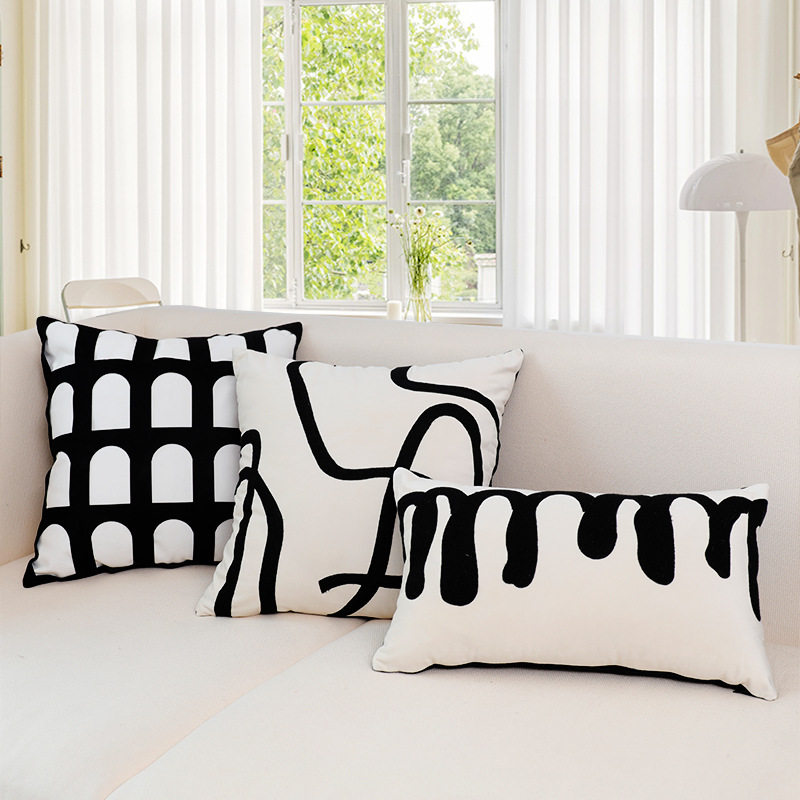 毛绒风格沙发抱枕套黑白抽象线条刺绣靠枕民宿酒店床上靠垫批发