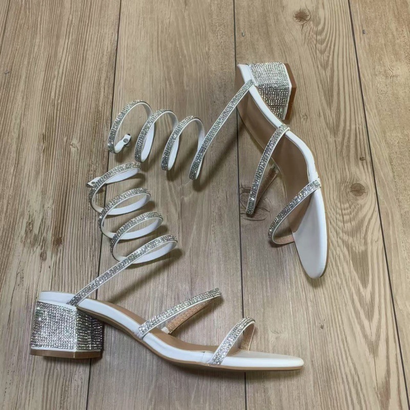 水钻蛇形一字缠绕凉鞋绑带2025夏季新款时尚高跟鞋女凉鞋