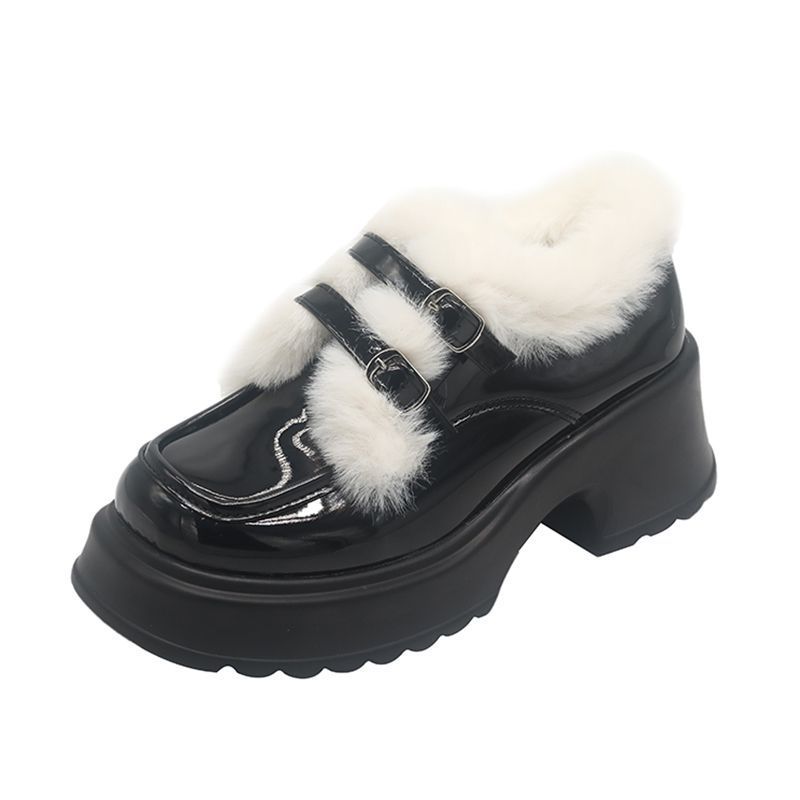 甜酷厚底小皮鞋女冬加绒2023新款英伦学生配裙百搭漆皮软妹jk单鞋