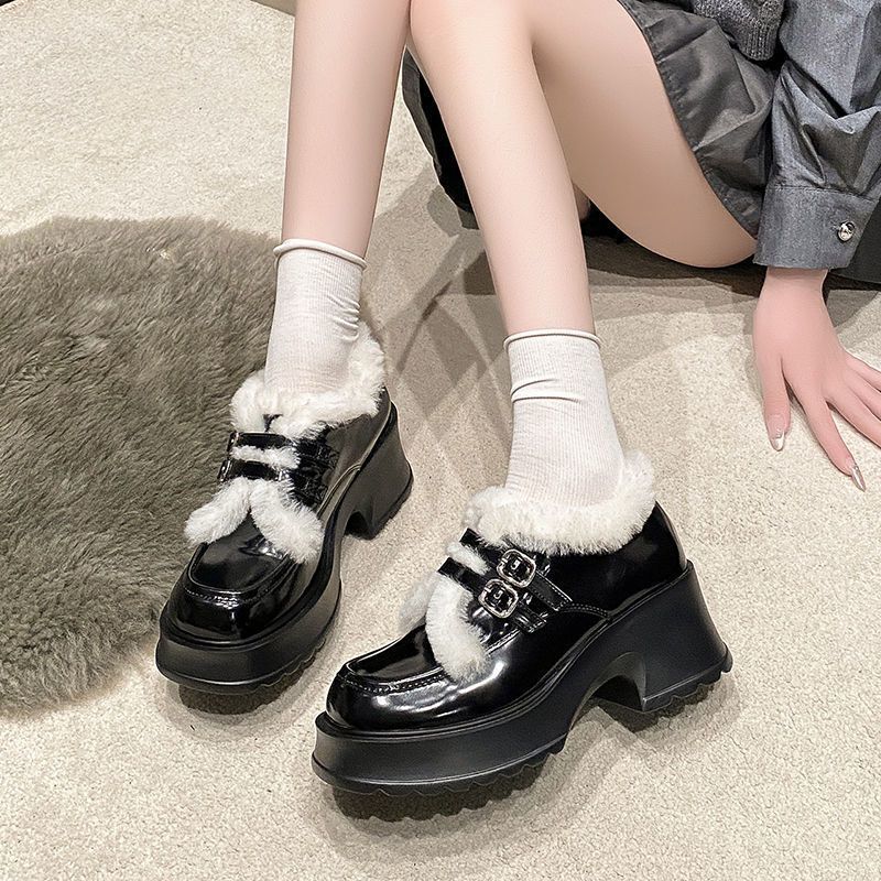 法式加绒保暖高跟玛丽珍粗跟厚底黑色小皮鞋毛毛鞋女2024秋冬新款