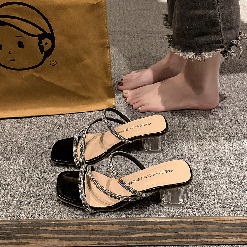 高跟水钻凉鞋女2025夏季新款外穿法式透明大码42水晶粗跟仙女拖鞋