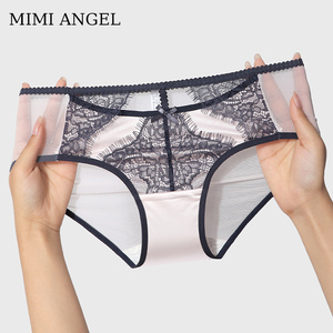 蕾丝女内裤性感时尚法式缎面中腰包臀纯棉裆透气网纱三角裤女薄款