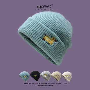 女生帽子冬季新款小狗毛线帽薄荷绿冷帽针织帽秋冬棉帽女大头围