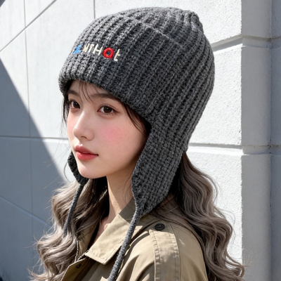 柳智敏同款灰色针织护耳帽女秋冬飞行毛线帽子保暖巴拉克拉法帽潮