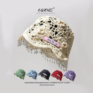 水晶套头帽薄款 韩系手工钩织花朵镂空包头帽女夏季 民族风针织帽子