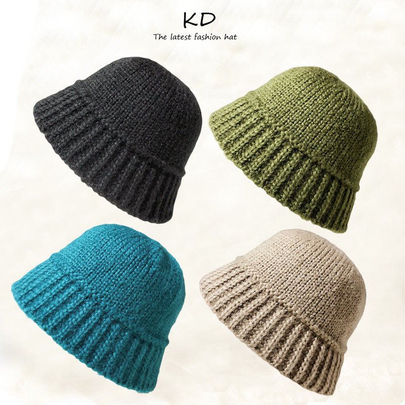 帽子女韩国东大门湖蓝毛线渔夫帽秋冬韩版显脸小保暖针织水桶帽潮