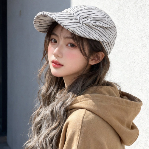 老钱风日系复古褶皱条纹前进帽女春秋显脸小宽檐百搭遮阳鸭舌帽子