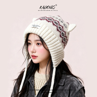 可爱猫耳朵费尔岛毛线帽女冬季加绒保暖帽子包头帽针织帽显脸小潮