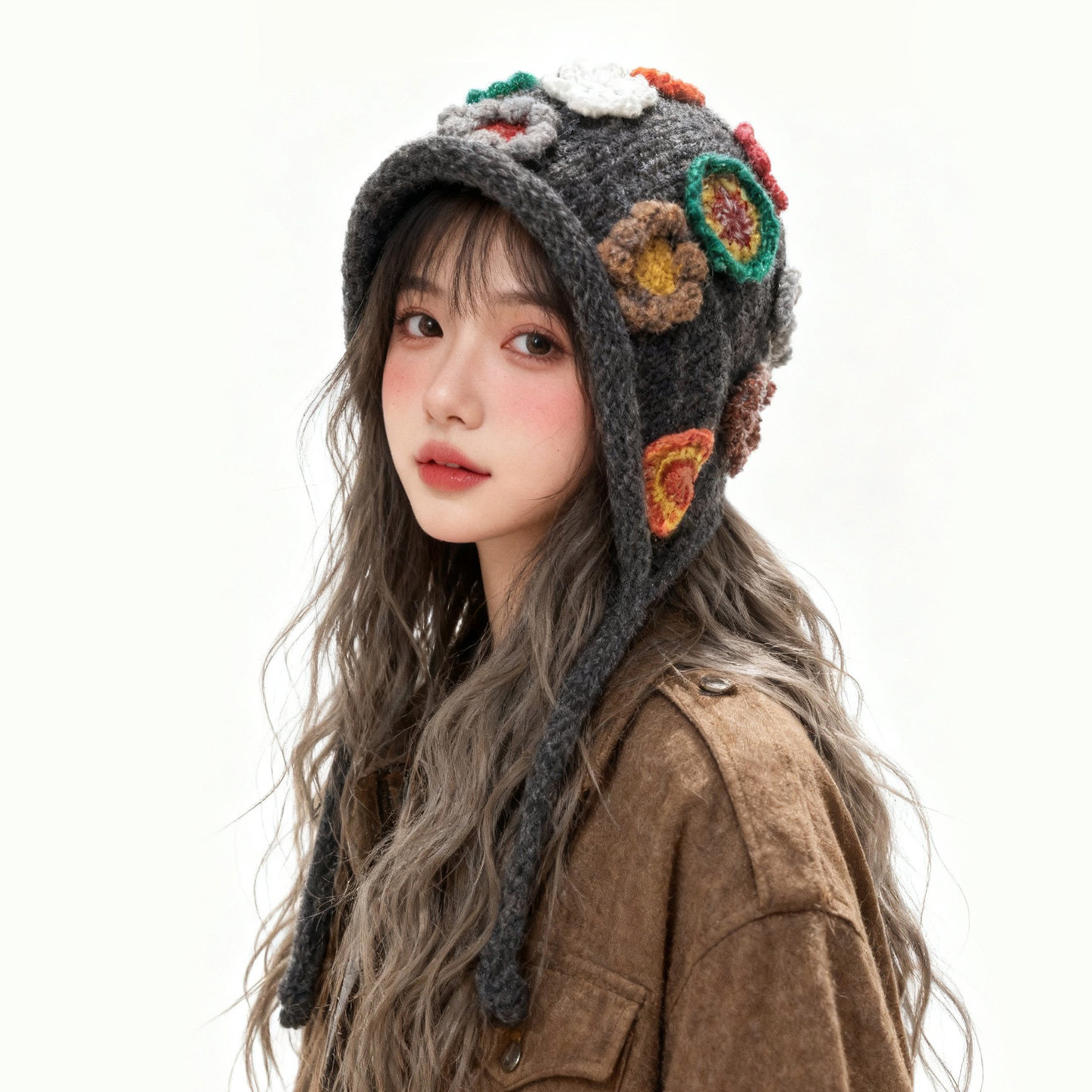 帽子女款新款花朵针织帽秋冬防寒保暖护耳绑带毛线帽韩系百搭冷帽