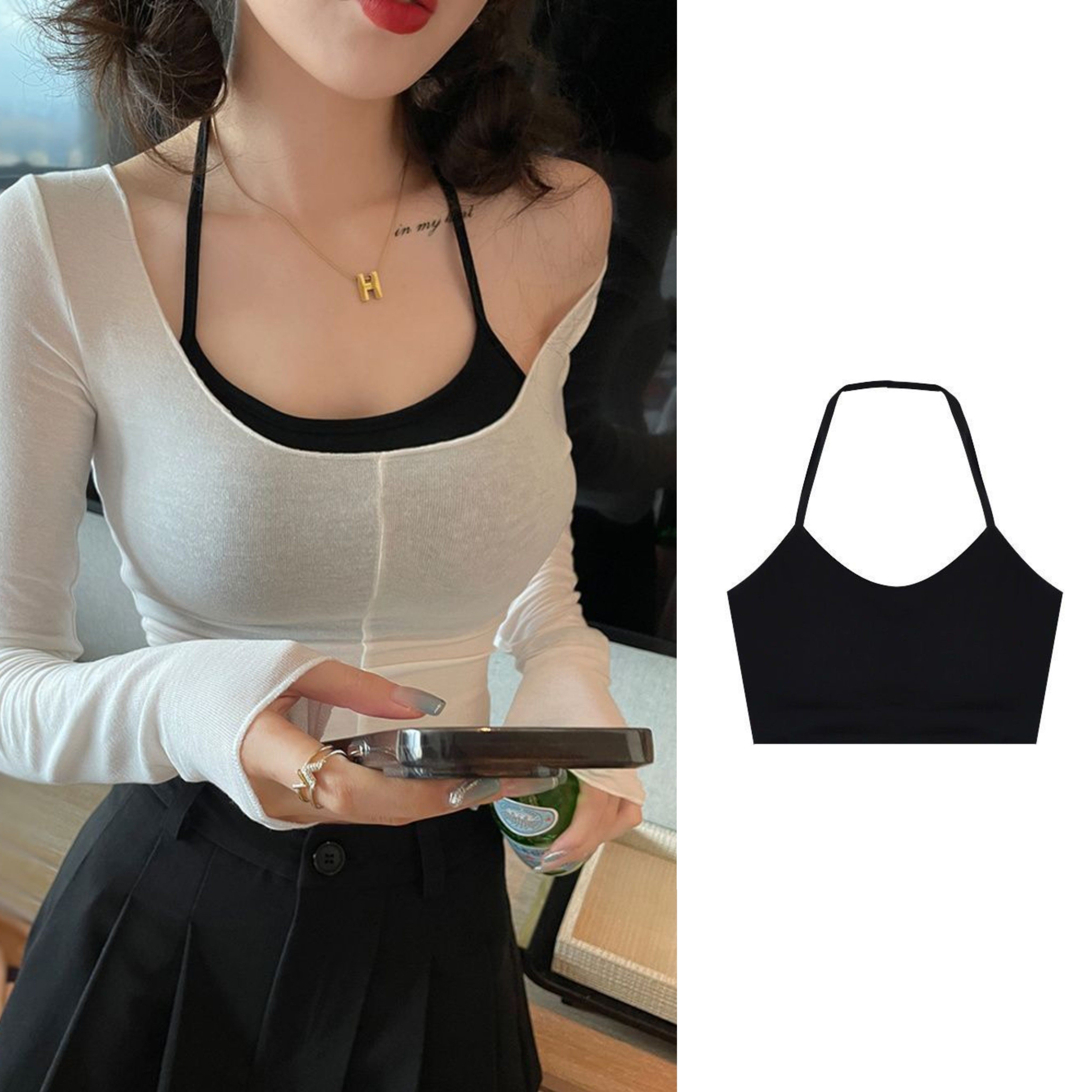挂脖内衣大胸显小背心带胸垫吊带美背黑色文胸女生夏薄款外穿抹胸