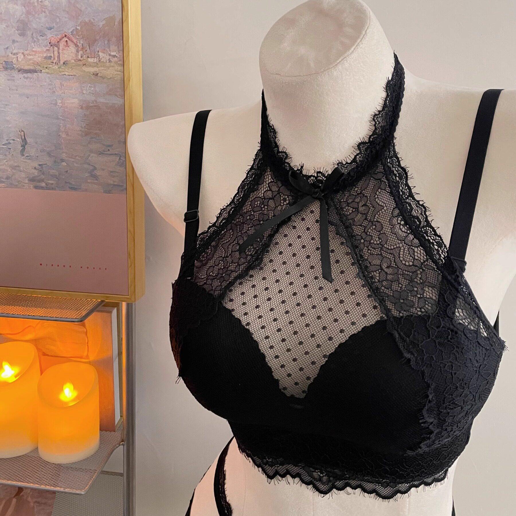 小胸聚拢内衣女显大性感纯欲蕾丝挂脖内搭遮副乳大胸显小文胸套装