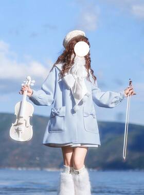 【琴语雾蓝】冬季少女蝴蝶结雪球毛呢外套日系小清新可爱风穿搭女