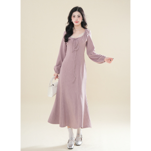 雾芙 新款 国风新中式 连衣裙秋季 气质长裙 收腰蕾丝U领茶歇长袖