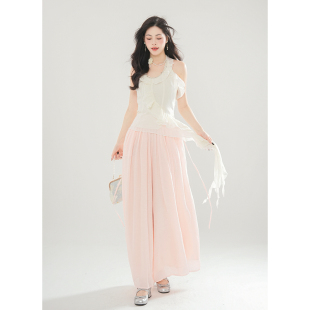 烟雨江南 细闪荷叶浪漫挂脖衫法式温柔小清新夏季套装女惊艳裙子