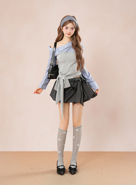 少女的轻盈 甜酷蝴蝶结绑带一字肩斜肩撞色衬衫+花苞裙裤套装女