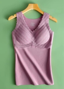 德绒保暖内衣女无袖上衣内搭小衫带胸垫收副乳文胸拼接蕾丝v领潮