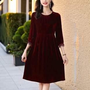 2025新款红色金丝绒真丝连衣裙女装桑蚕丝春秋季长袖裙子气质高端