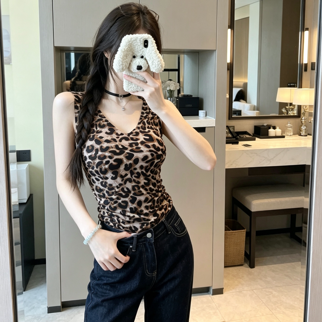 2026秋冬大码美拉德豹纹V领打底背心内搭外穿复古辣妹保暖上衣女