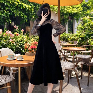 专柜新款 黑色显瘦秋冬亮片蕾丝拼接轻奢气质优雅大摆丝绒连衣裙潮