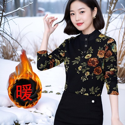 印花淑女加绒加厚木耳边蕾丝