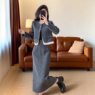 高级感灰色小香风套装 蕾丝拼接外套半身裙两件套 裙女欧货秋冬新款