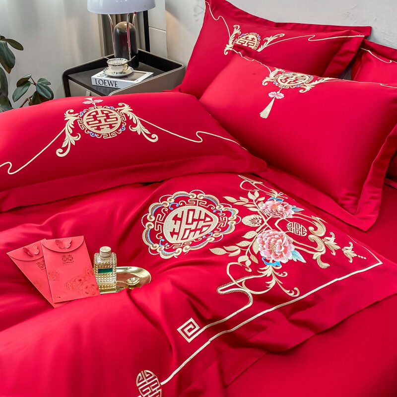 HIGH-END CHINESE EMBROIDERY COTTON WEDDING FOUR-PIECE SET OF BIG RED SHEETS LUXURY QUILT COVER COTTON WEDDING BEDDING