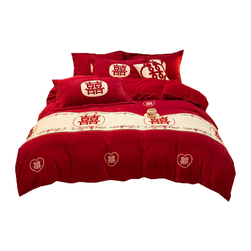 BIG RED MILK VELVET WEDDING FOUR-PIECE SET THICKENED CORAL VELVET WEDDING QUILT COVER NEWLYWED BED LINEN WEDDING WEDDING QUILT BEDDING