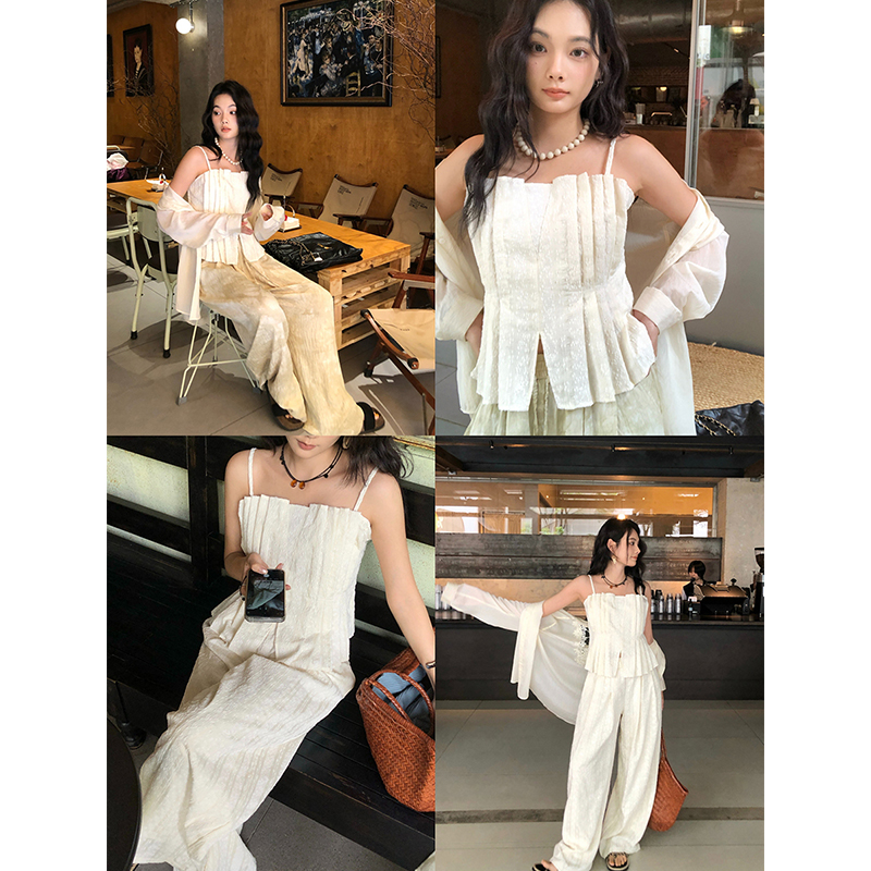 【5折断码 闭店福利】任小艺 提花条纹吊带背心女高腰拖地裤套装